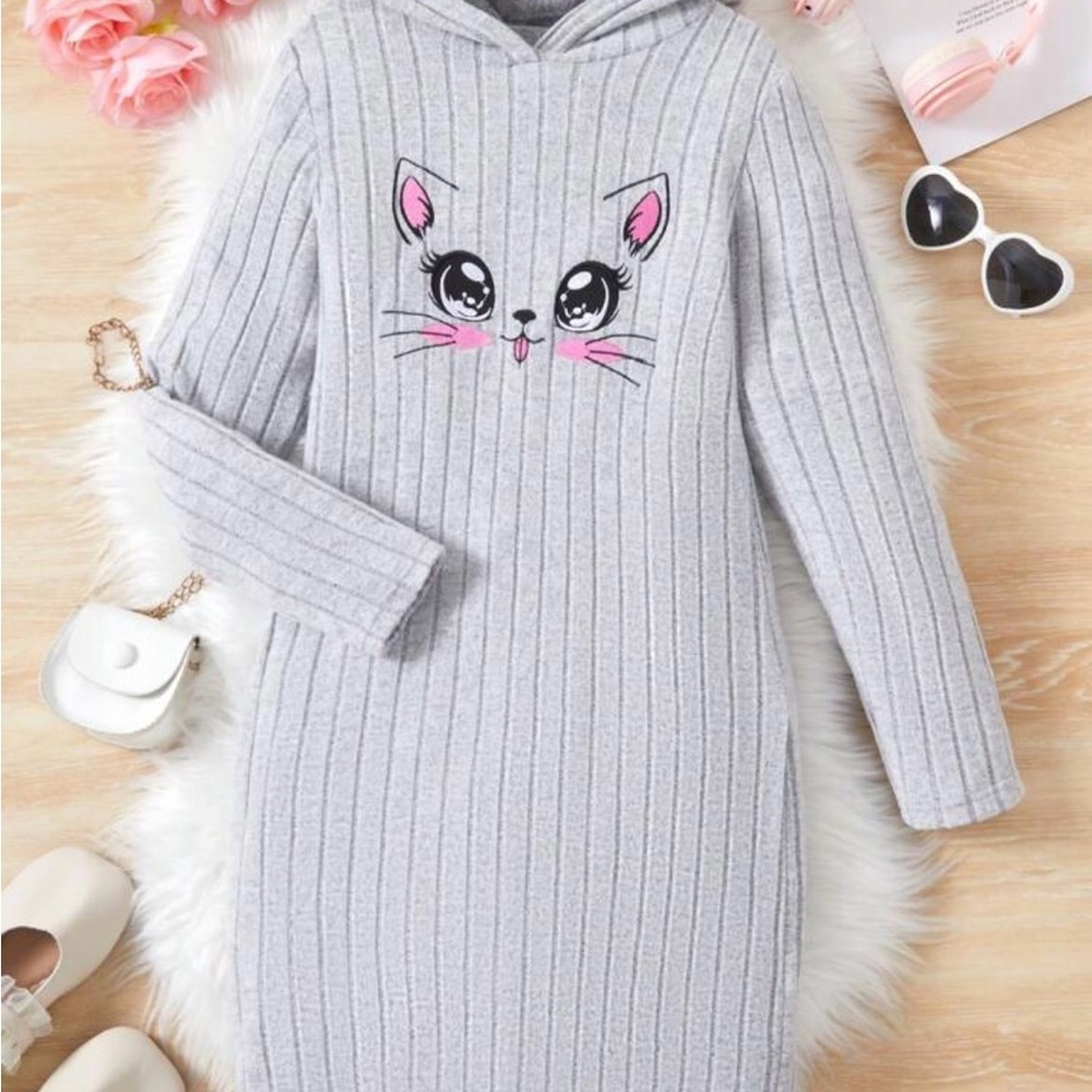 SHEIN Big Girls Grey Hoodie Dress Cat Face 12Y